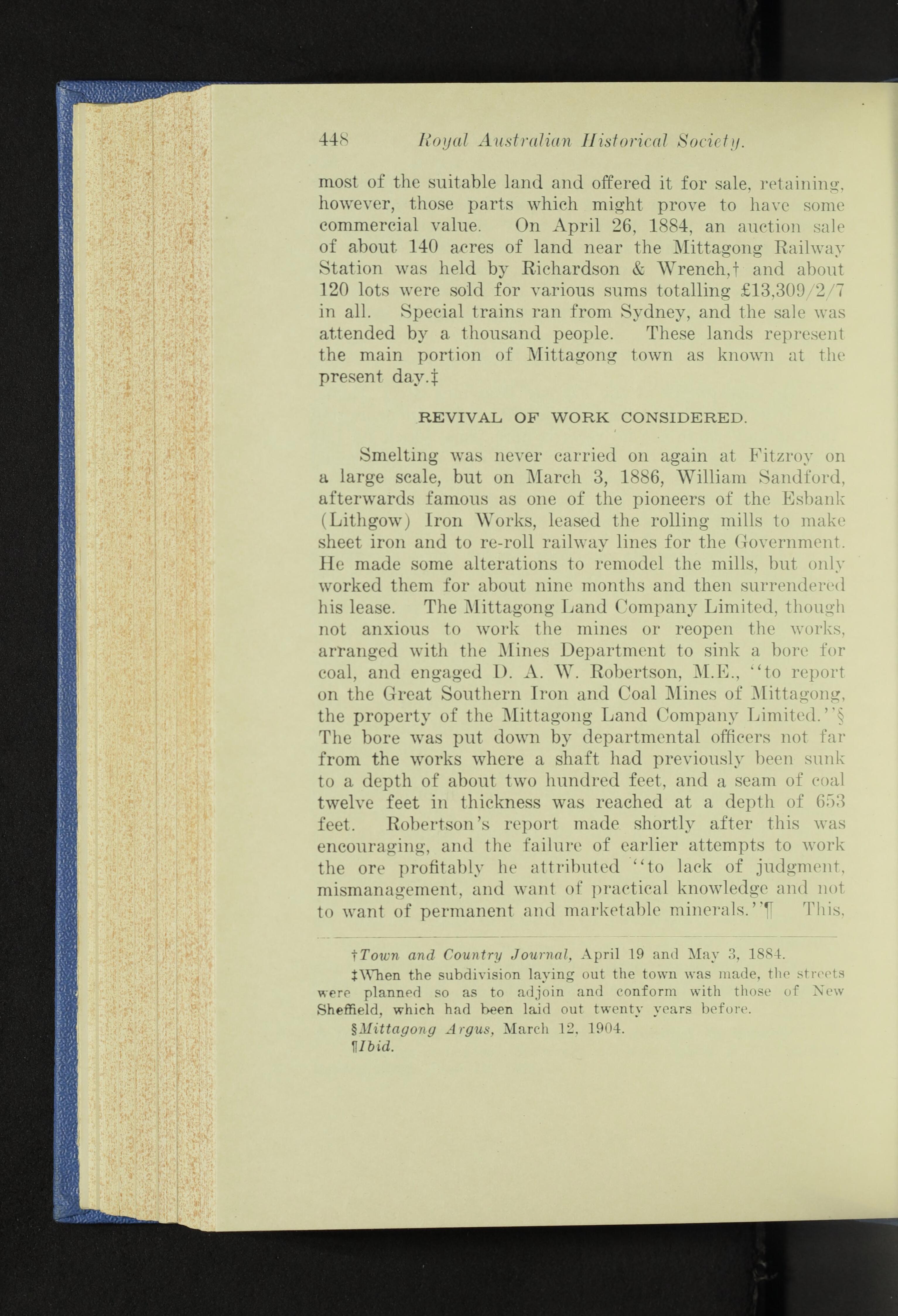 1940 history describing the 1884 Mittagong land auction